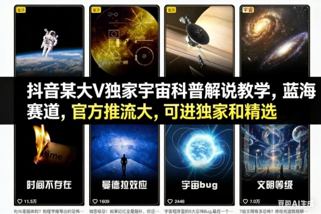 抖音某大V独家宇宙科普解说教学，蓝海赛道，官方推流大，可进独家和精选-网创星球