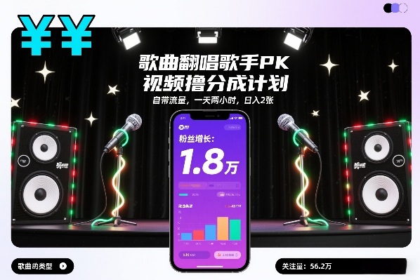 歌曲翻唱歌手PK视频撸分成计划，自带流量，一天两小时，日入2张-网创星球