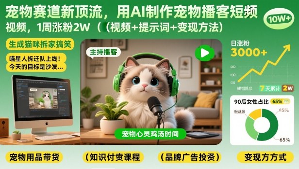 宠物赛道新顶流，用AI制作宠物播客短视频，1周涨粉2W(视频+提示词+变现方法)-网创星球