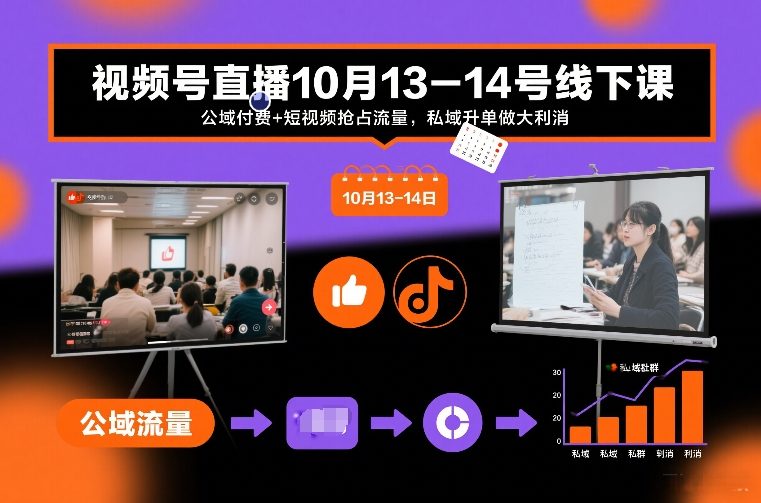 视频号直播10月13-14号线下课，公域付费+短视频抢占流量，私域升单做大利消-网创星球