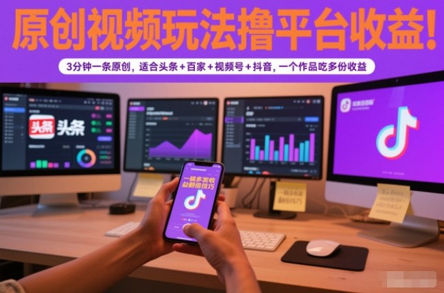 原创视频玩法撸平台收益，3分钟一条原创，适合头条+百家+视频号+抖音，一个作品吃多份收益-网创星球