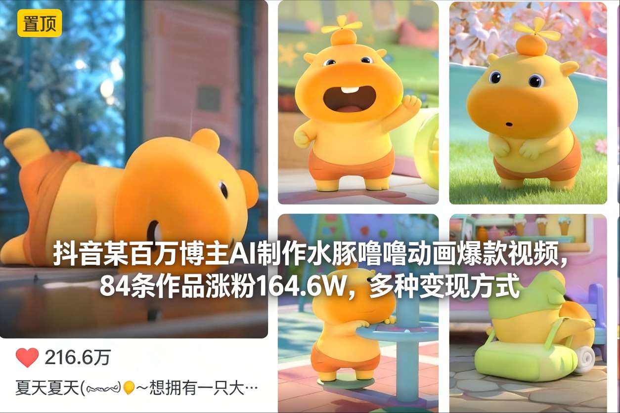 抖音某百万博主AI制作水豚噜噜动画爆款视频，84条作品涨粉164.6W，多种变现方式-网创星球